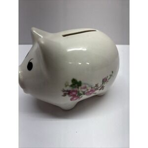 Vintage Small 4" White Ceramic Piggy Bank with Rose and Leaf Design